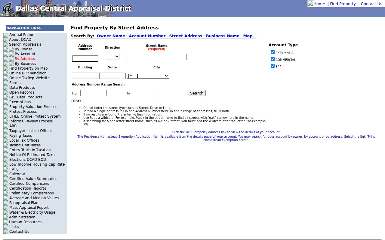 Irving residents directory DCAD address search fields
