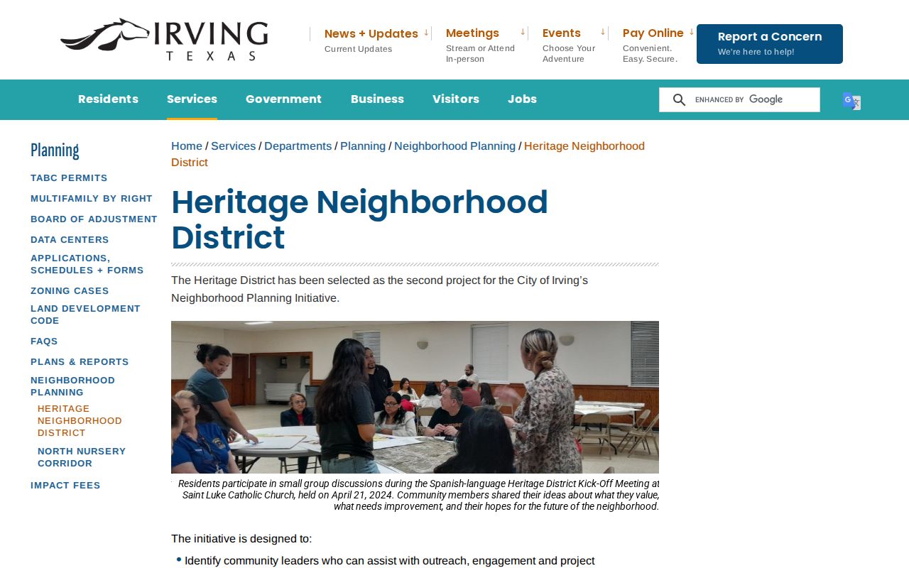 Irving neighbors Heritage District civic and boundary context