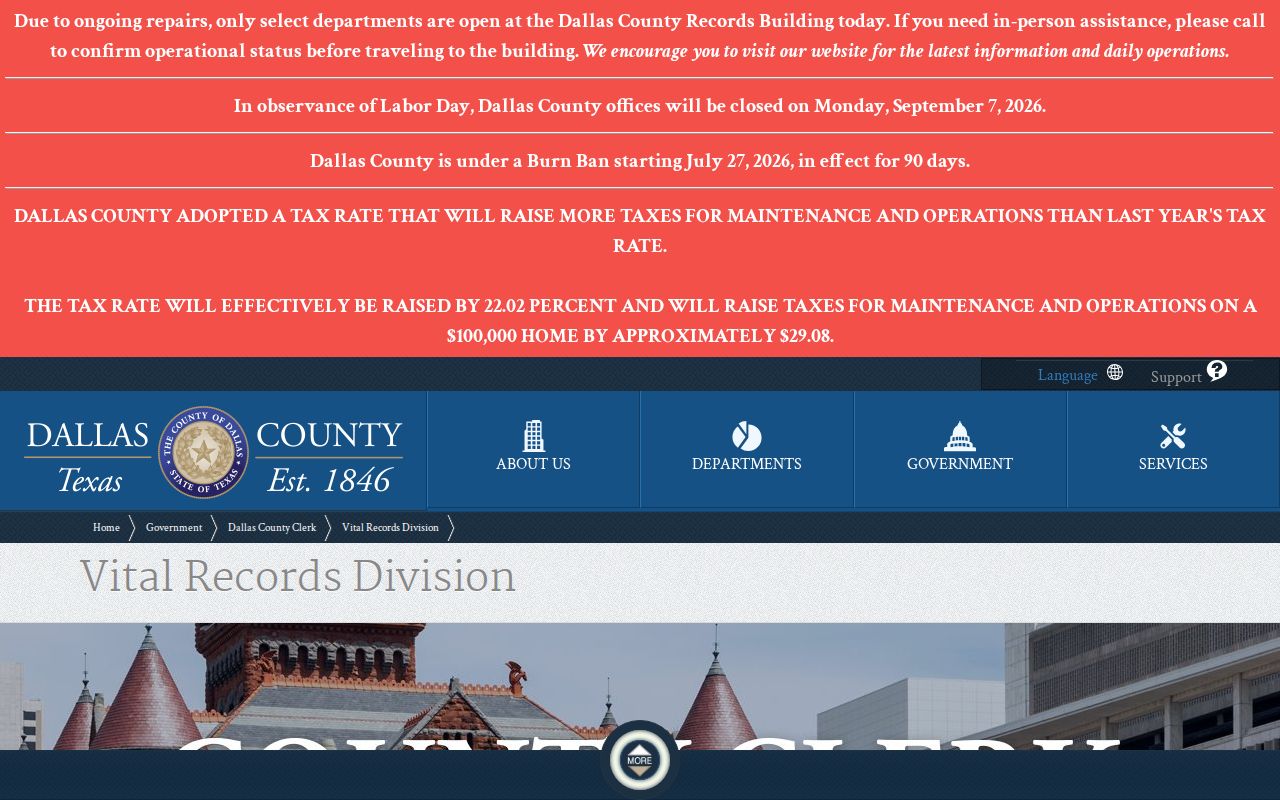 Irving resident lookup Dallas County vital records fees and payment page