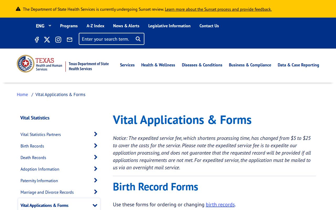 Irving resident lookup Texas DSHS vital applications and forms page