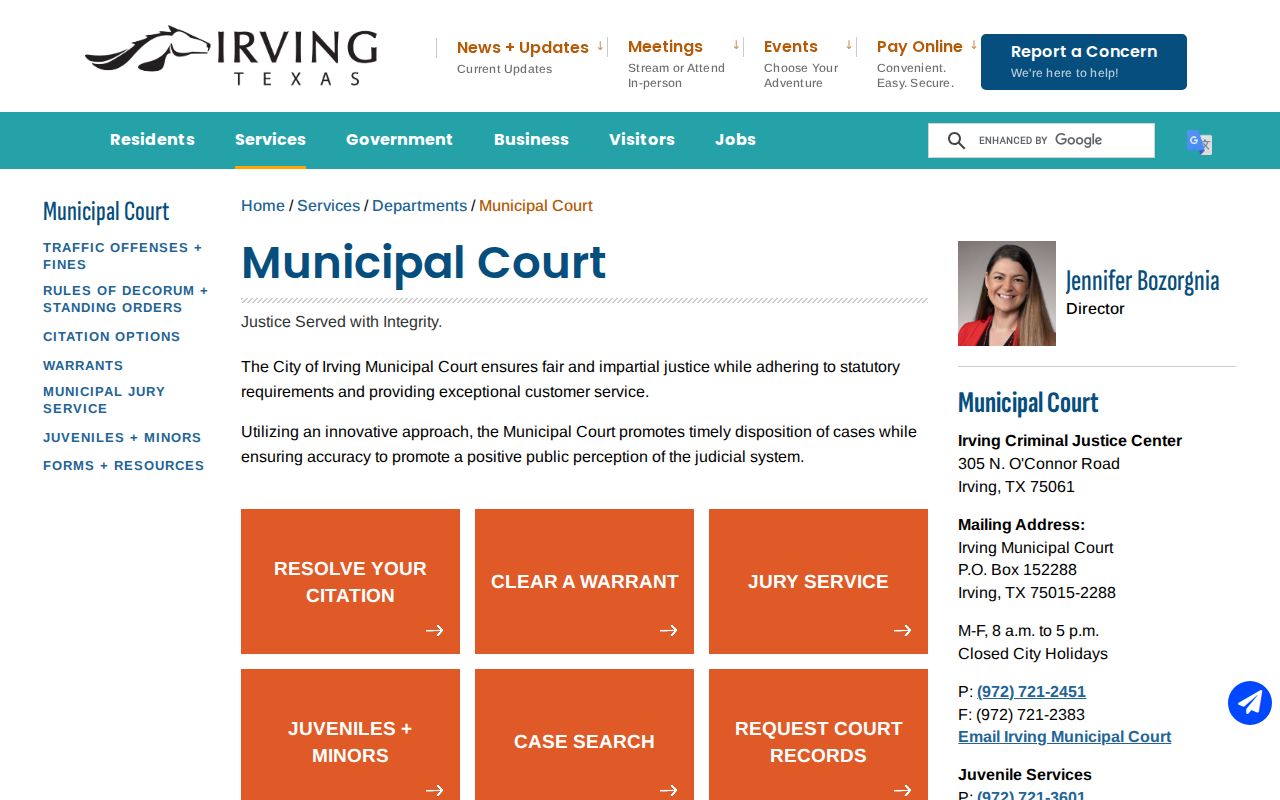 Irving resident lookup Irving Municipal Court case search and records route